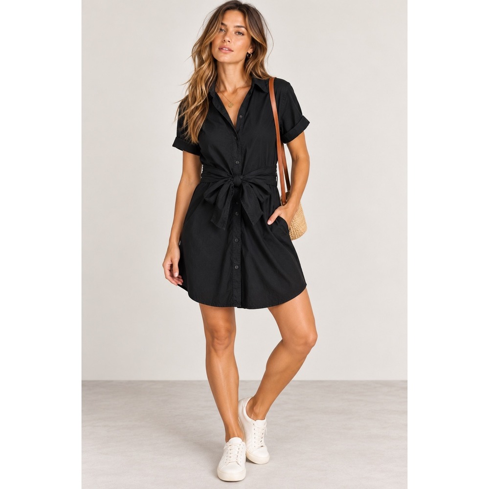 Nation LTD Black Pima Cotton Button Down Tie Waist Mini Shirt Dress Size L